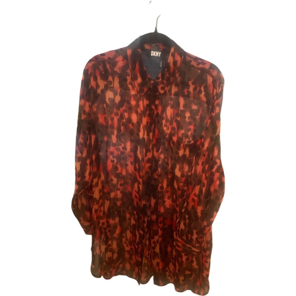 DKNYC Red and Black Blouse with Long Sleeves and Silky Texture